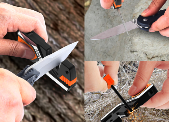 SHARPAL 101N-G Kitchen Pocket Knife Sharpener Survival Camping Tool with 2  Fire Starters Ferro Rod, Whistle & Diamond Sharpening Rod for Straight and